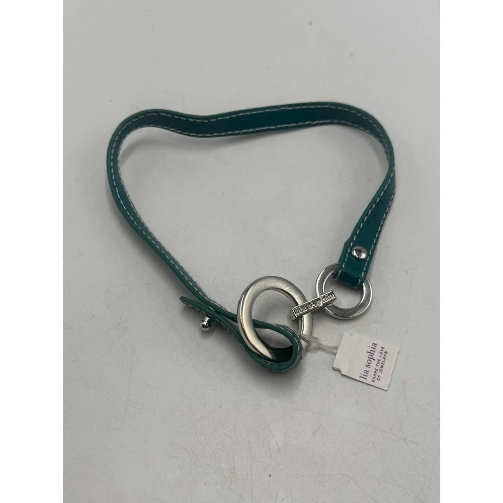 Lia Sophia Teal Green Faux Leather Silver Tone Ring Toggle Wrap Bracelet Choker